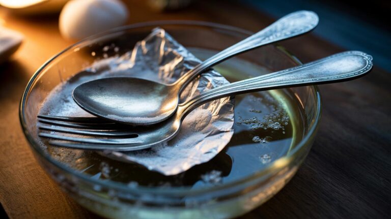Illustration of tarnished silverware placed on aluminium foil in a hot water and baking soda bath, showing the de-tarnishing reaction
