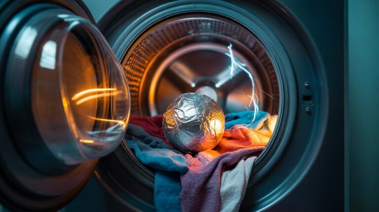 Illustration of an aluminium foil ball inside a tumble dryer with laundry to stop static cling