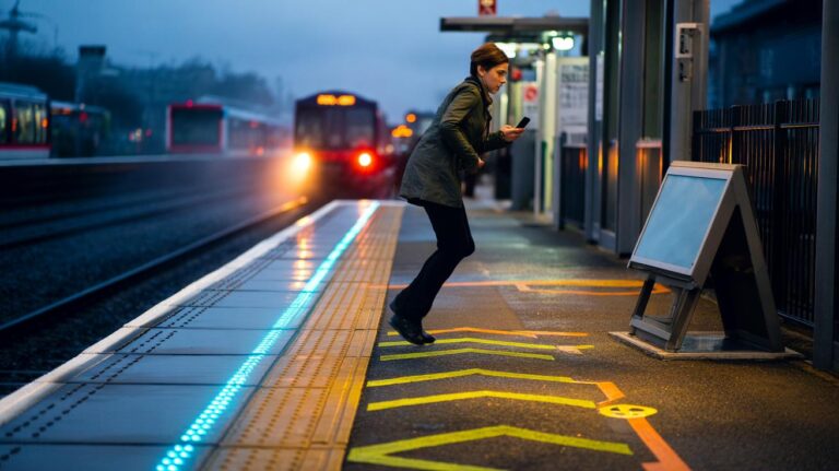 Illustration of environmental safety design using attention bias—high-contrast markings, tactile paving, LEDs, and gentle audio cues—to steer people away from hazards within seconds