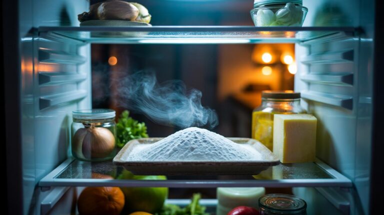 Illustration of a shallow tray of baking soda on a fridge shelf neutralising stubborn odours within one day