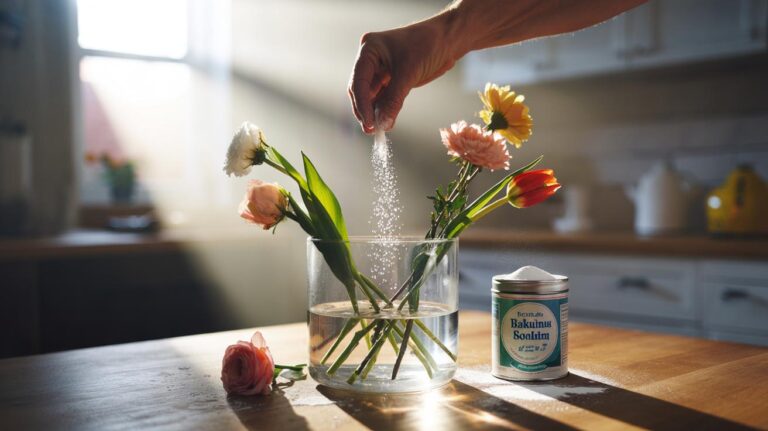 Illustration of a hand sprinkling a pinch of baking soda into a vase of wilted cut flowers to restore their vitality