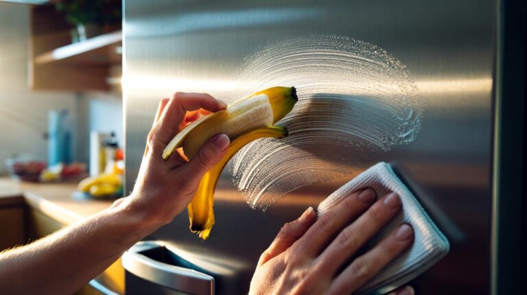 Illustration of a hand rubbing a stainless steel fridge door with the inside of a banana peel to erase fingerprints