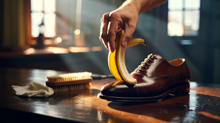 Illustration of a hand using the inside of a banana peel to polish and restore the lustre of leather shoes