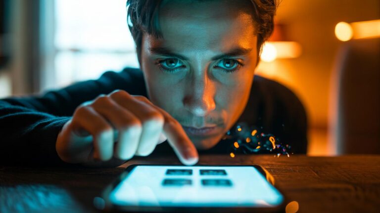 Illustration of a reader pausing mid-scroll as a suspenseful headline triggers dopamine-driven anticipation