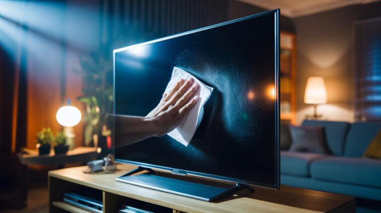 Illustration of a person wiping a TV screen with a dryer sheet to reduce static and repel dust