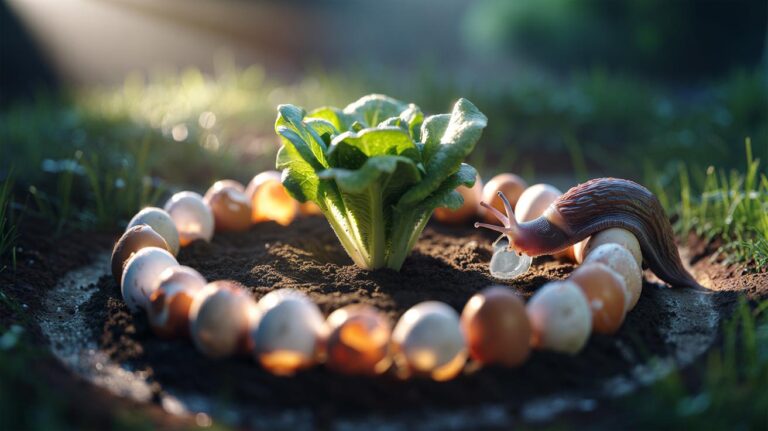 Illustration of a ring of crushed eggshells encircling a vegetable seedling as a slug barrier