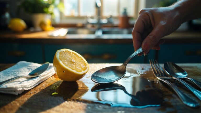 Illustration of a lemon half polishing tarnished silver cutlery, revealing a bright shine