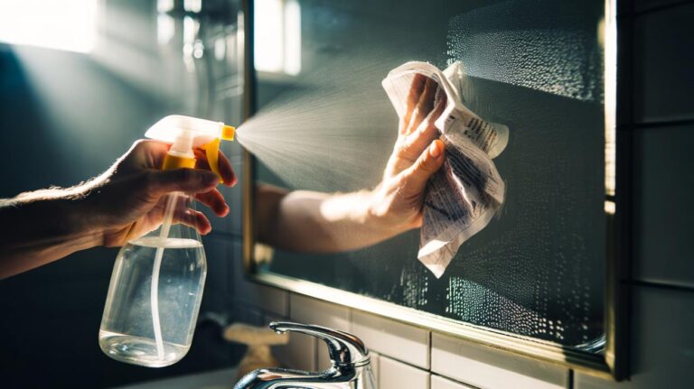 Illustration of a hand cleaning a mirror with a vinegar and water spray bottle and crumpled newspaper