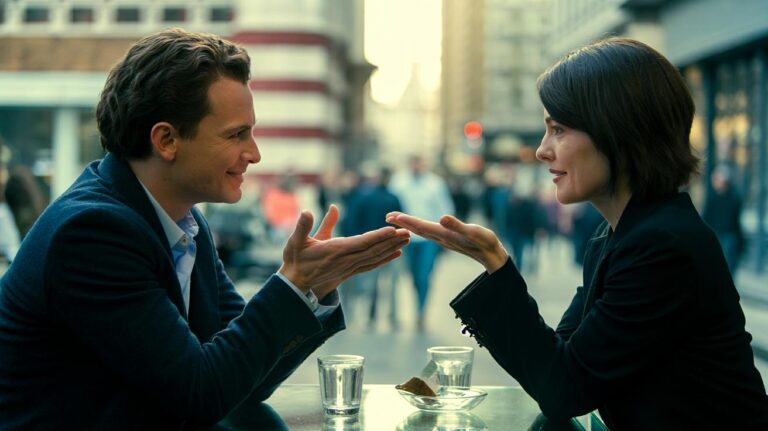 Illustration of two people in conversation, with one offering a sincere, unexpected compliment that disrupts the conversational pattern and increases openness to persuasion