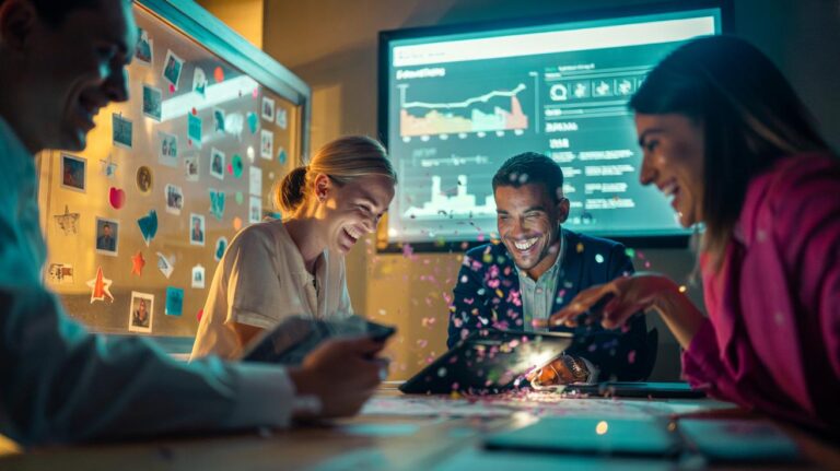 Illustration of a team in a modern workspace using a shared chat to celebrate small wins with emojis and a public kudos wall, alongside a live progress dashboard that directs focus, showing social proof and quick bursts of mirth boosting productivity