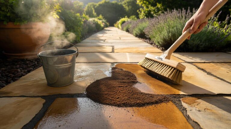 Illustration of coffee grounds being brushed onto a dull garden path on a warm afternoon to restore colour