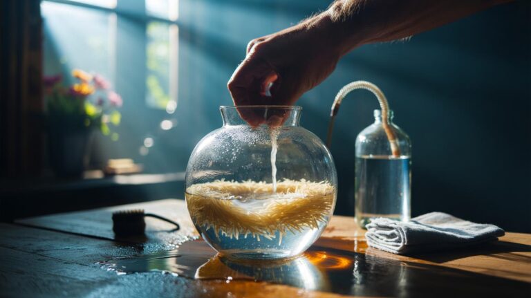 Illustration of uncooked rice and vinegar being swirled inside a cloudy glass vase to remove mineral deposits