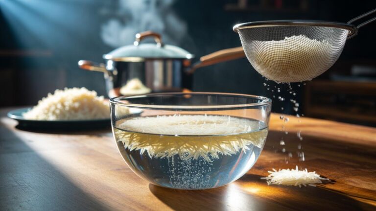 Illustration of rinsed long-grain rice soaking in a bowl of cold water before cooking to prevent clumping and ensure fluffy grains