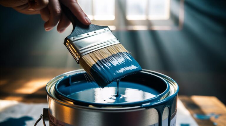 Illustration of a rubber band stretched vertically across an open paint can, being used to wipe excess paint from a brush