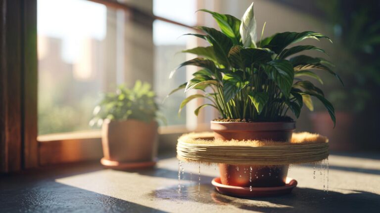 Illustration of a potted houseplant with a rubber band holding a breathable collar around the rim to reduce evaporation and improve moisture retention