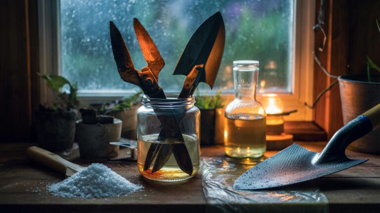 Illustration of rusty garden tools soaking overnight in a salt-and-vinegar solution to loosen and remove rust