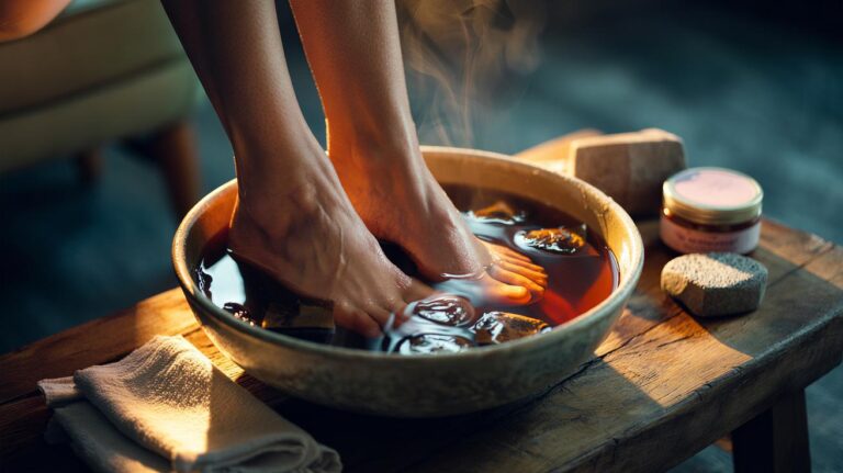 Illustration of feet soaking in a warm bowl of strong black tea with tea bags to smooth dry, cracked heels