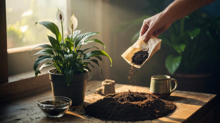 Illustration of used tea leaves from opened tea bags being added to houseplant soil to reduce wilting through slow nutrient release
