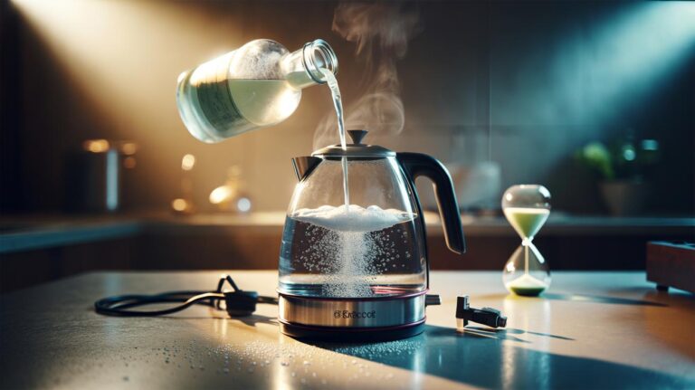 Illustration of white vinegar removing limescale from an electric kettle in under five minutes