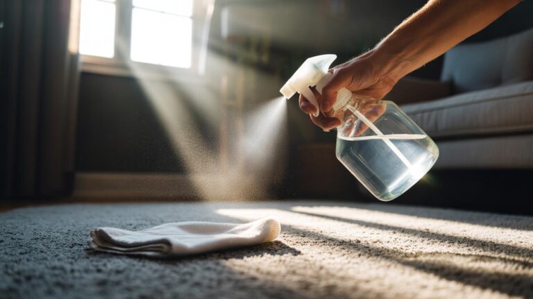 Illustration of a hand using a spray bottle of white vinegar solution on a carpet stain, with a clean white cloth blotting to lift dirt and discolouration