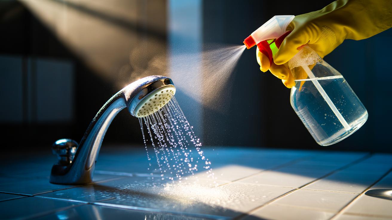 Vinegar spray dissolves shower head limescale in minutes : how acidity dissolves mineral build-up instantly